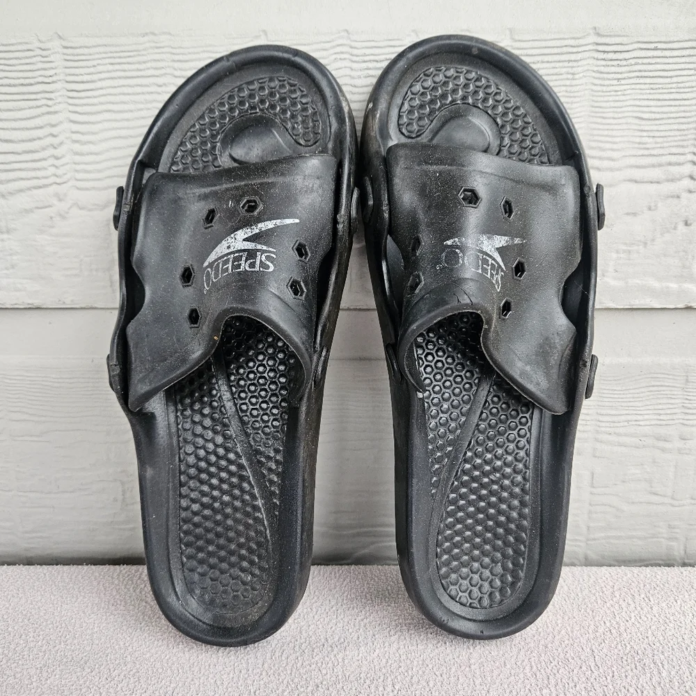 Speedo Slides Sandals Men SZ 11 Black Slip-On Rubber Waterproof Quick Dry